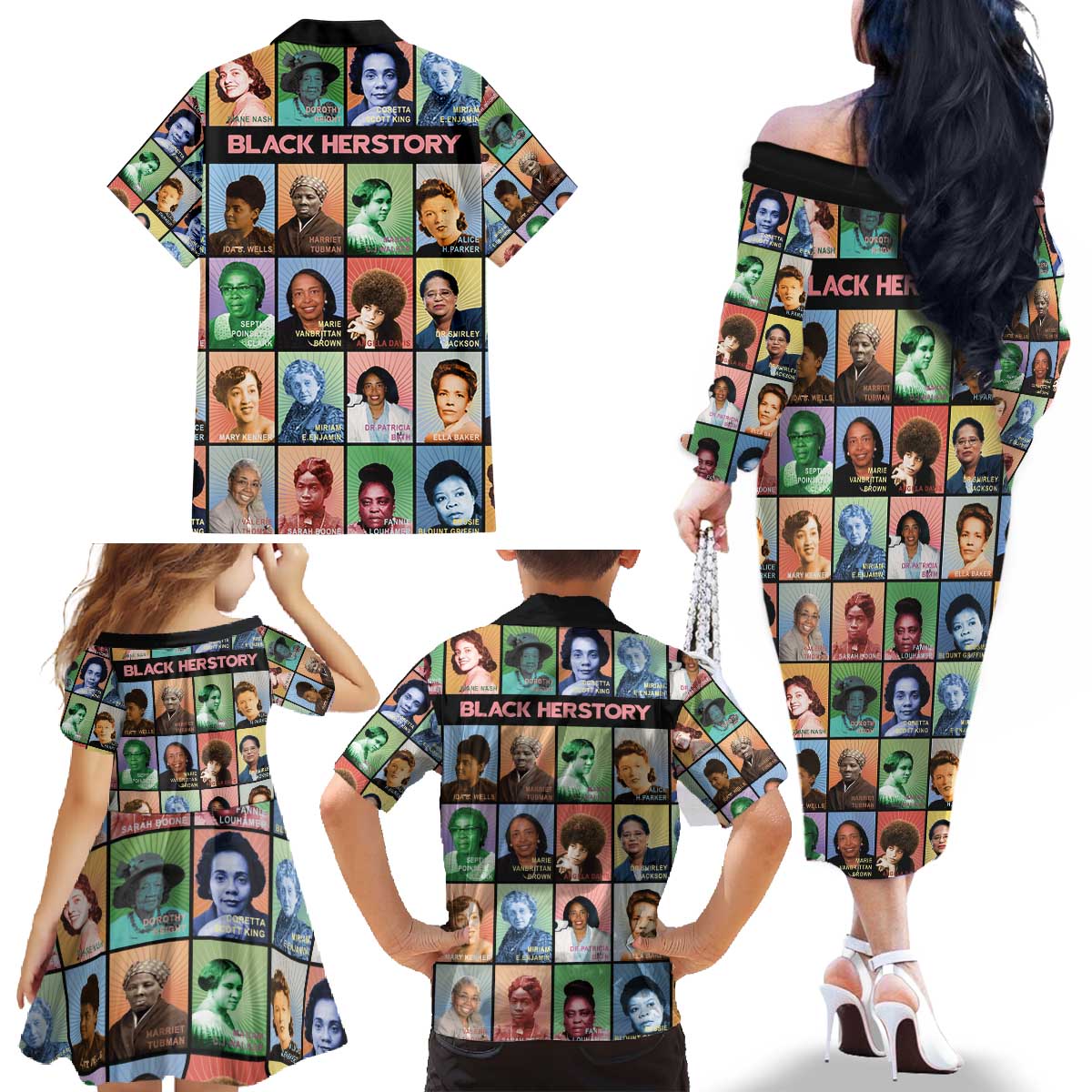 Black Herstory Family Matching Off The Shoulder Long Sleeve Dress and Hawaiian Shirt The History Of African Women - Wonder Print Shop