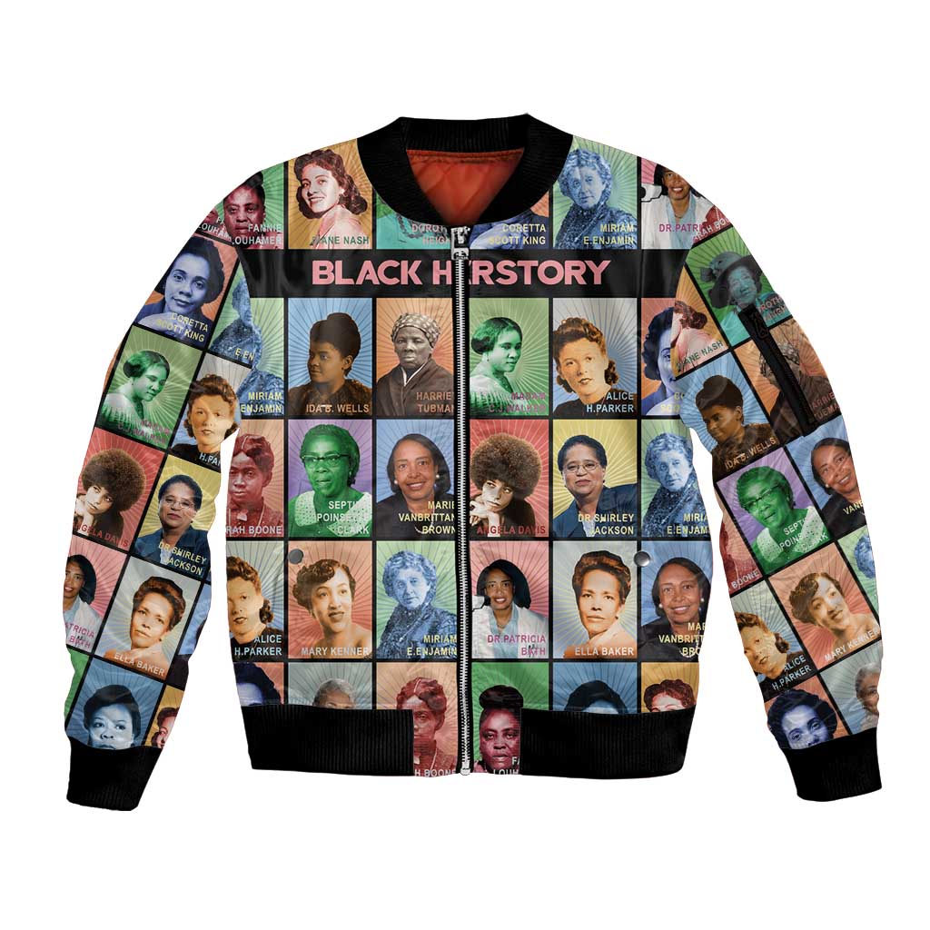 Black Herstory Sleeve Zip Bomber Jacket The History Of African Women - Wonder Print Shop