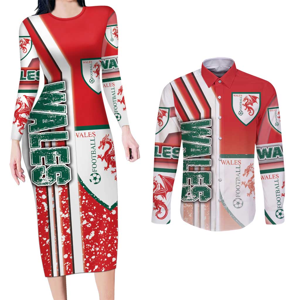 Wales Football Couples Matching Long Sleeve Bodycon Dress and Long Sleeve Button Shirt The Dragons Soccer - Road To Champion