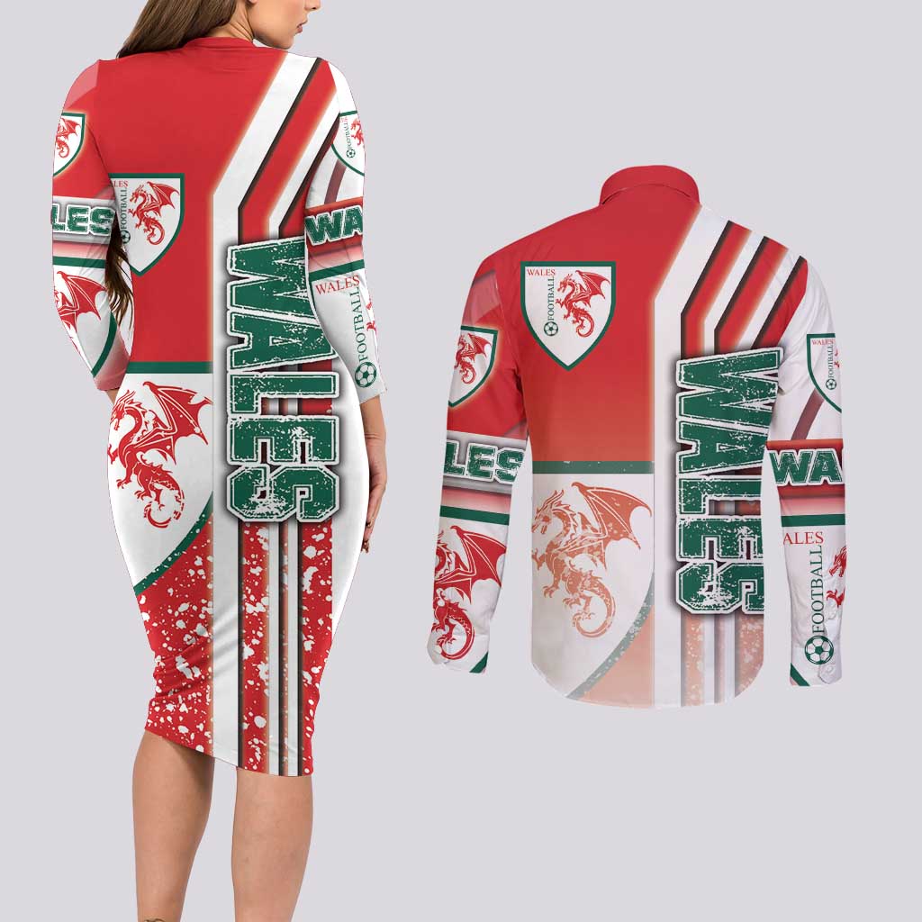 Wales Football Couples Matching Long Sleeve Bodycon Dress and Long Sleeve Button Shirt The Dragons Soccer - Road To Champion
