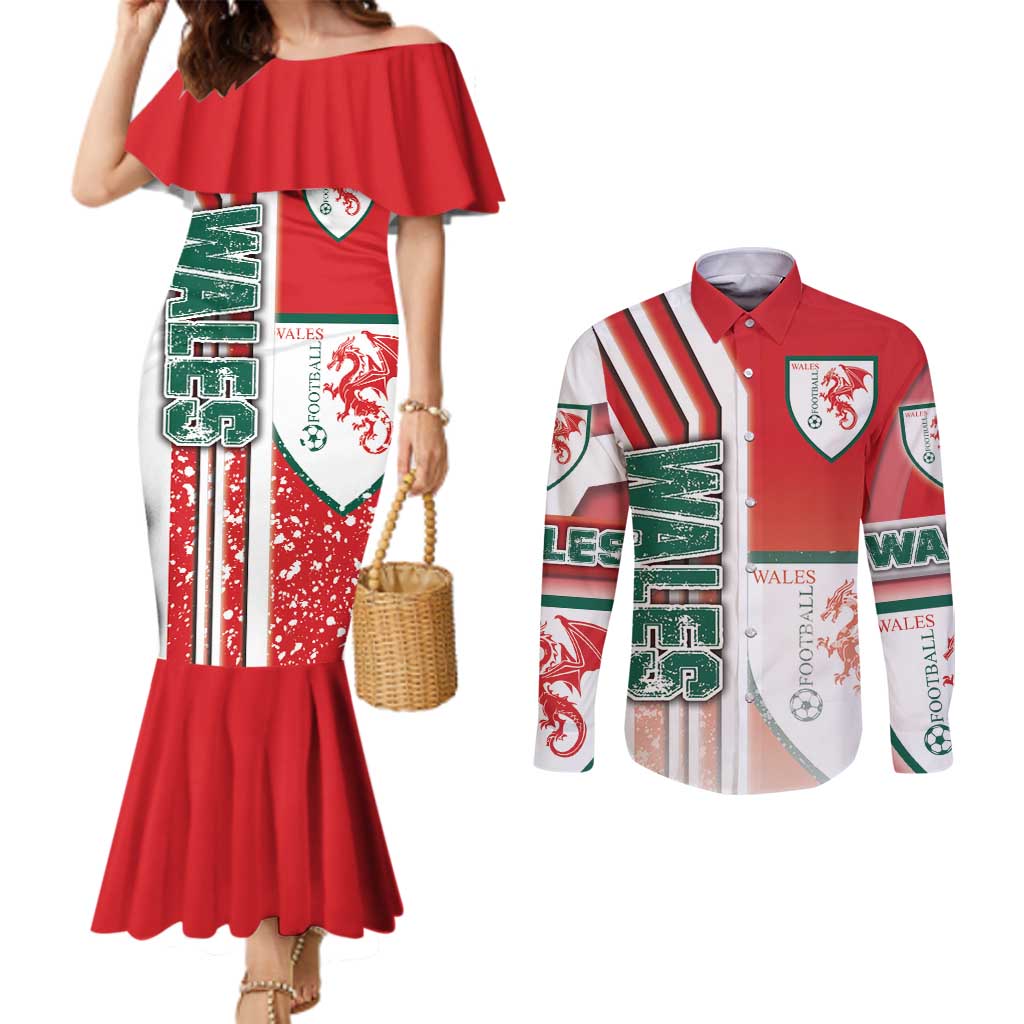 Wales Football Couples Matching Mermaid Dress and Long Sleeve Button Shirt The Dragons Soccer - Road To Champion