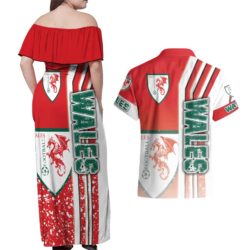 Wales Football Couples Matching Off Shoulder Maxi Dress and Hawaiian Shirt The Dragons Soccer - Road To Champion