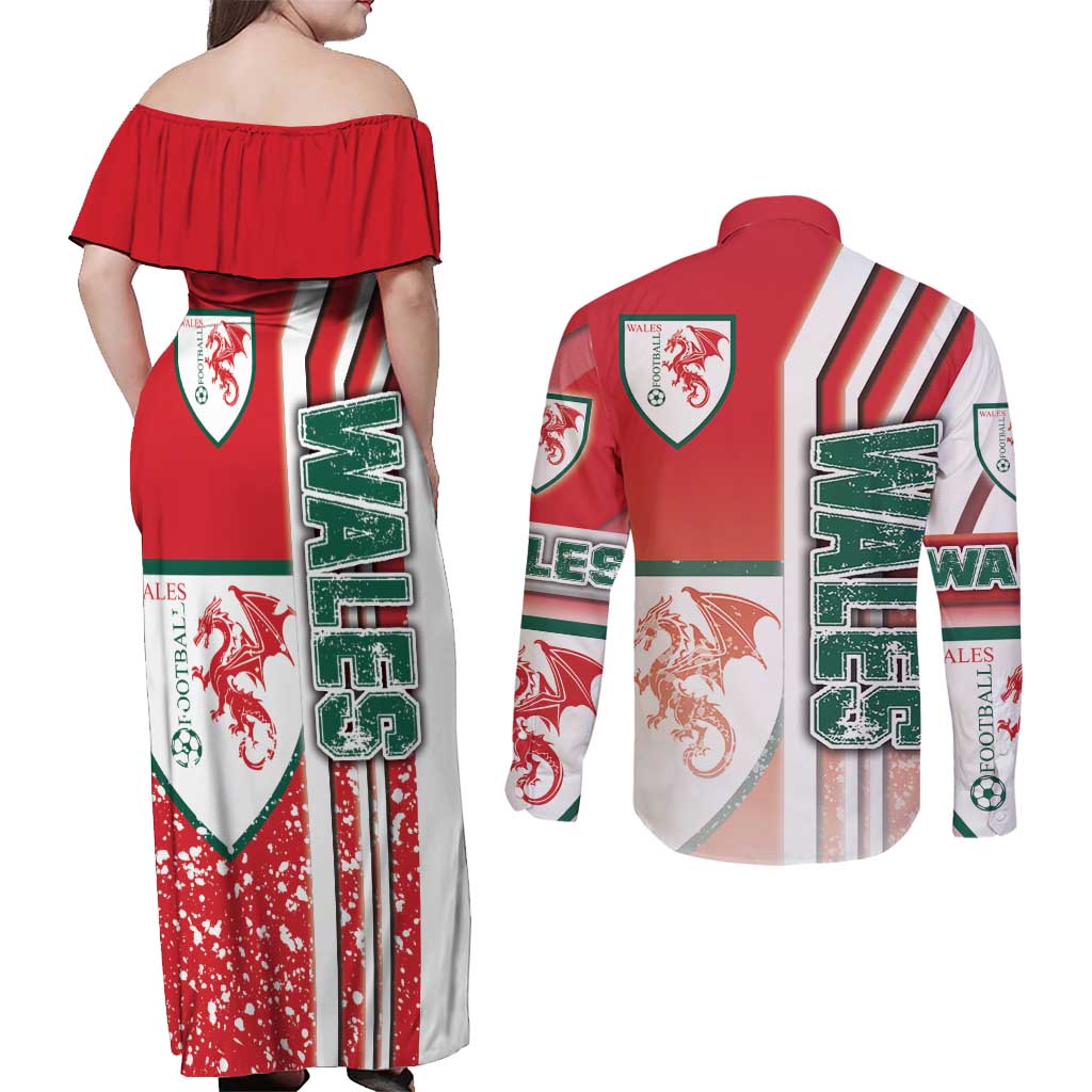 Wales Football Couples Matching Off Shoulder Maxi Dress and Long Sleeve Button Shirt The Dragons Soccer - Road To Champion