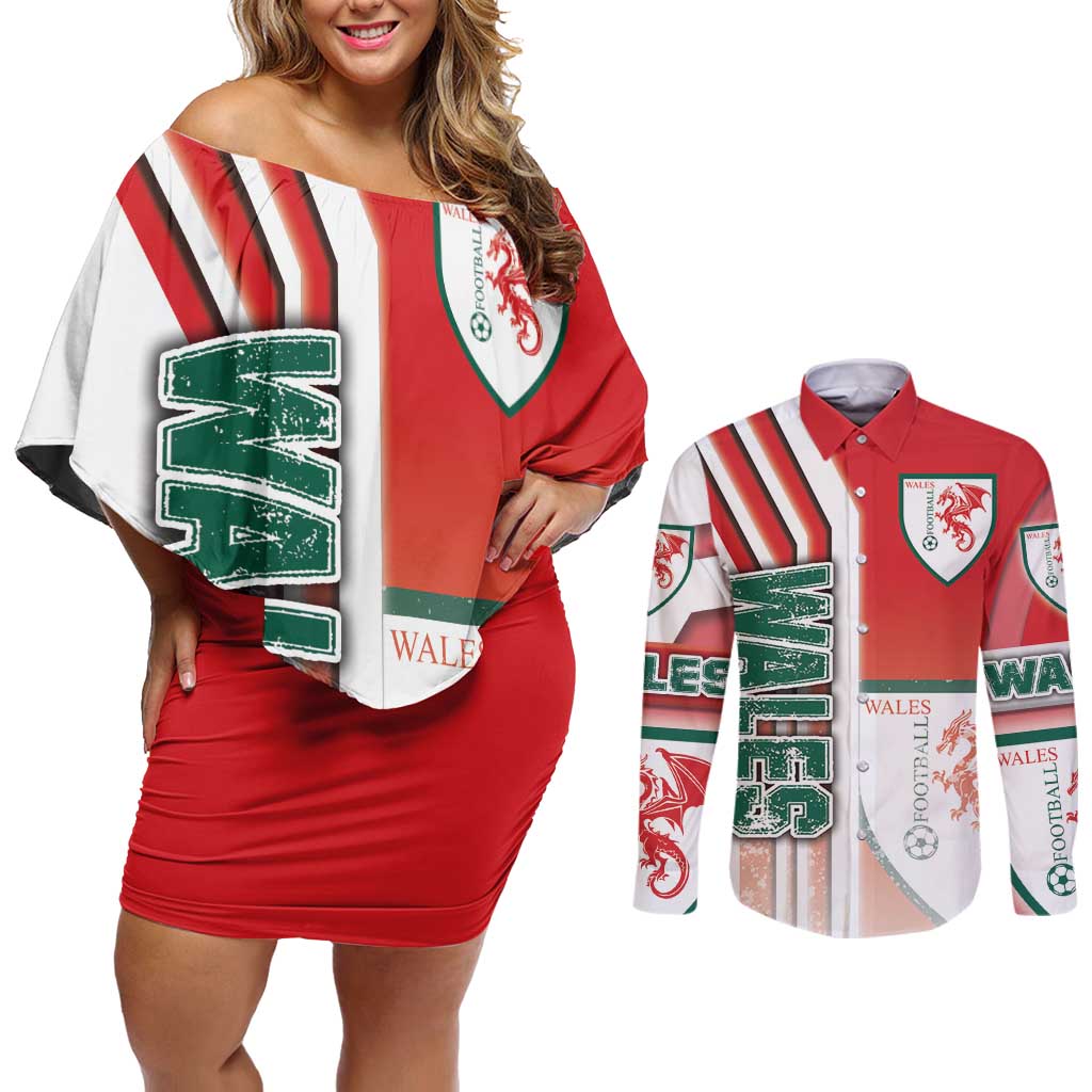 Wales Football Couples Matching Off Shoulder Short Dress and Long Sleeve Button Shirt The Dragons Soccer - Road To Champion