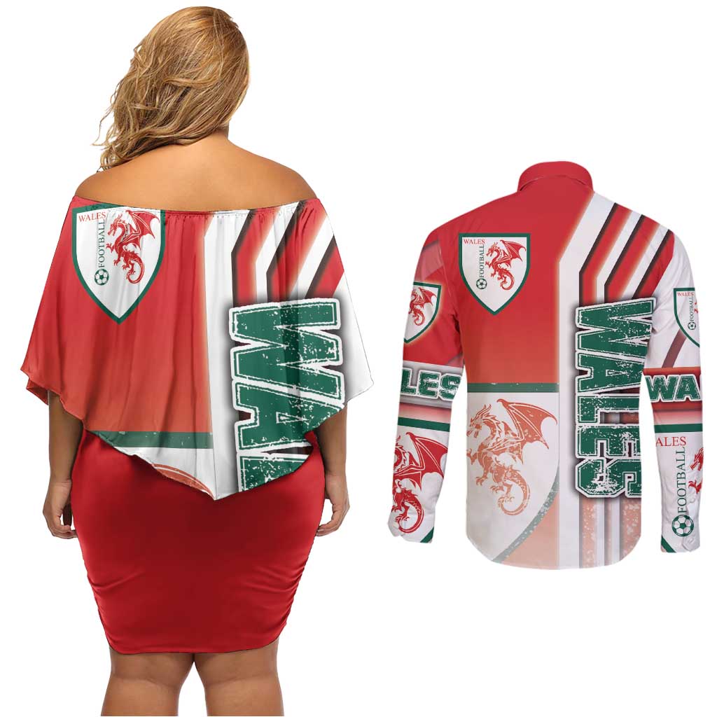 Wales Football Couples Matching Off Shoulder Short Dress and Long Sleeve Button Shirt The Dragons Soccer - Road To Champion