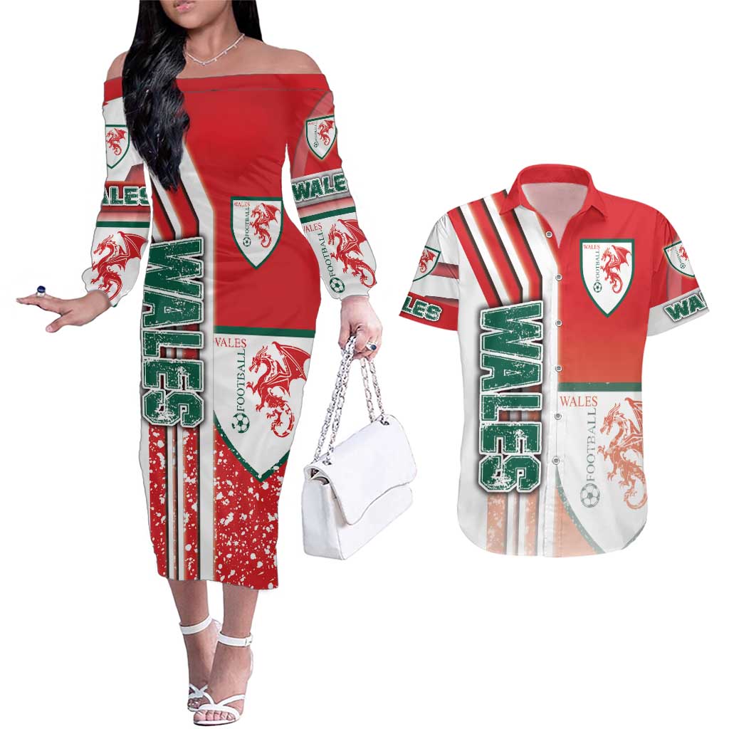 Wales Football Couples Matching Off The Shoulder Long Sleeve Dress and Hawaiian Shirt The Dragons Soccer - Road To Champion