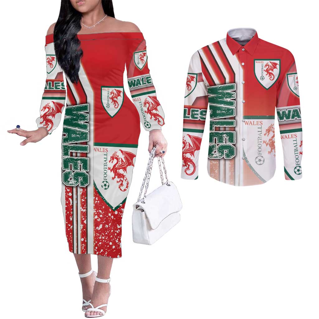 Wales Football Couples Matching Off The Shoulder Long Sleeve Dress and Long Sleeve Button Shirt The Dragons Soccer - Road To Champion