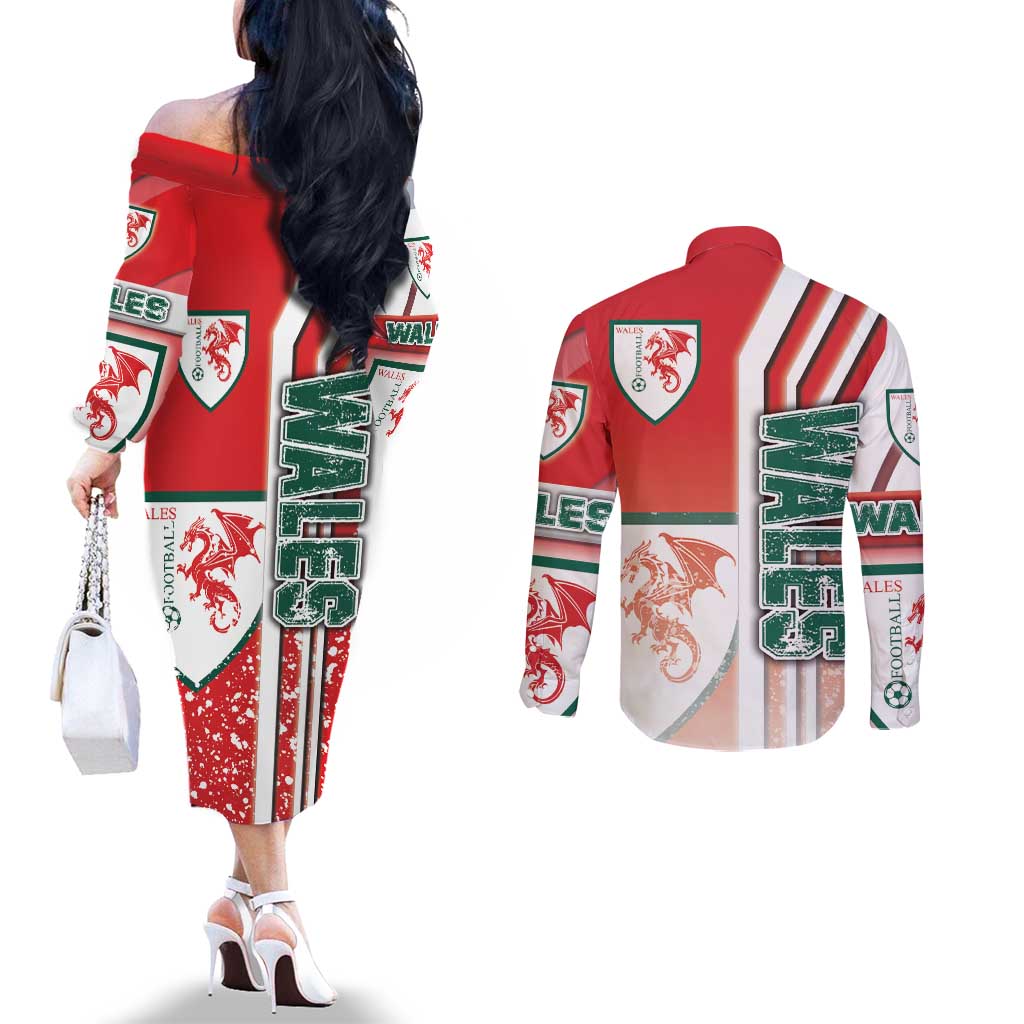 Wales Football Couples Matching Off The Shoulder Long Sleeve Dress and Long Sleeve Button Shirt The Dragons Soccer - Road To Champion