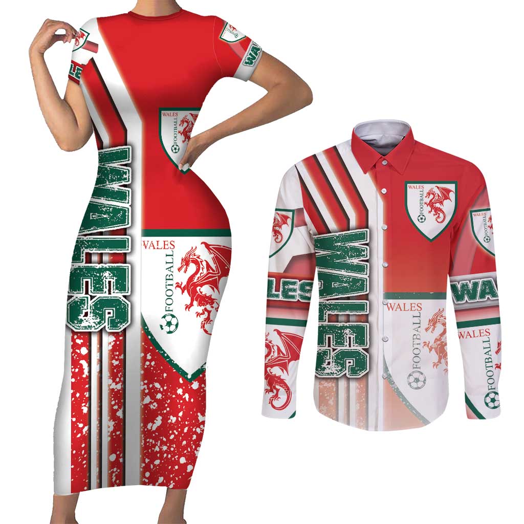 Wales Football Couples Matching Short Sleeve Bodycon Dress and Long Sleeve Button Shirt The Dragons Soccer - Road To Champion