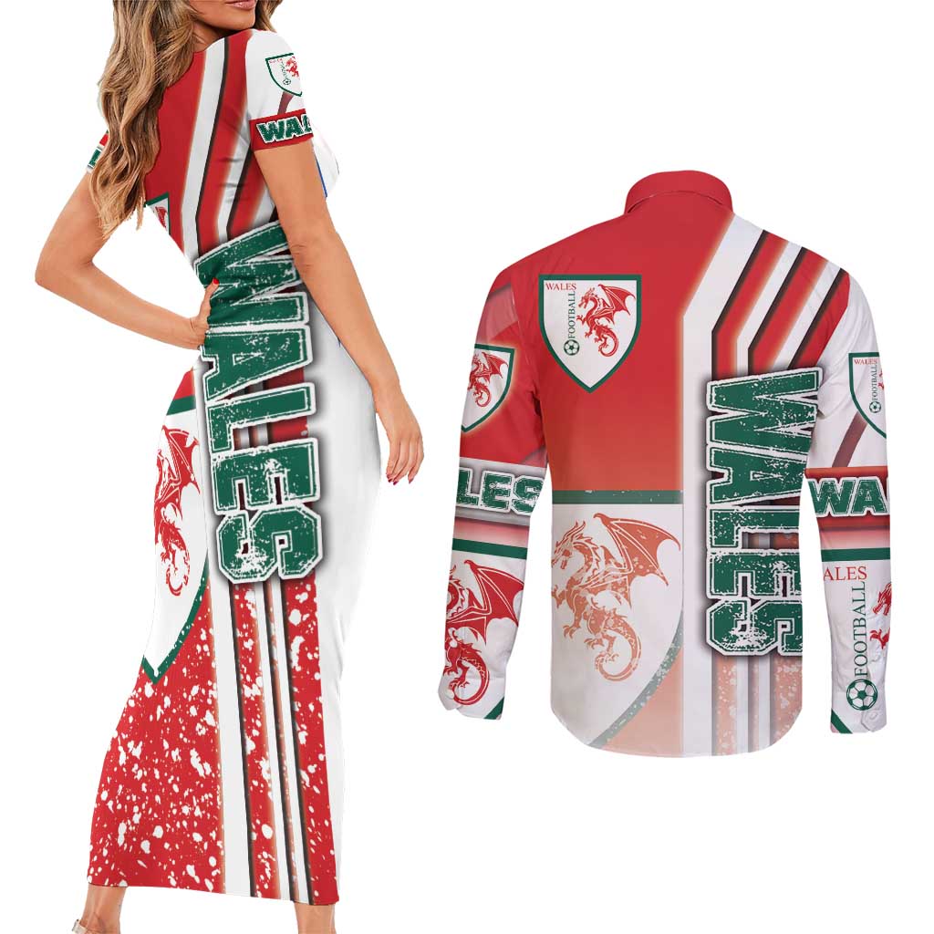 Wales Football Couples Matching Short Sleeve Bodycon Dress and Long Sleeve Button Shirt The Dragons Soccer - Road To Champion