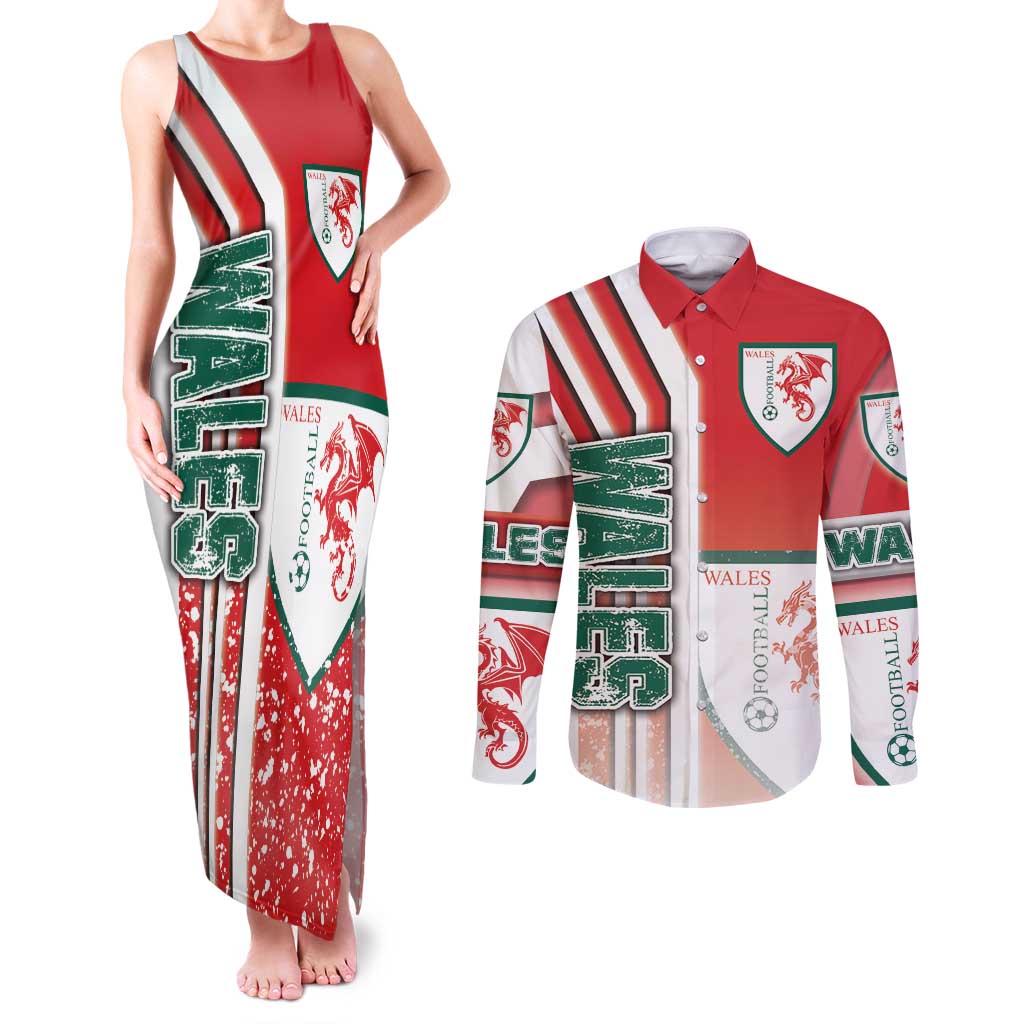 Wales Football Couples Matching Tank Maxi Dress and Long Sleeve Button Shirt The Dragons Soccer - Road To Champion