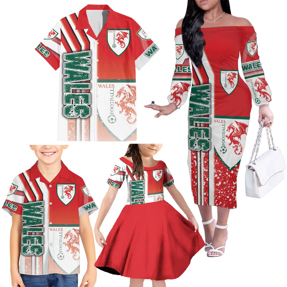 Wales Football Family Matching Off The Shoulder Long Sleeve Dress and Hawaiian Shirt The Dragons Soccer - Road To Champion