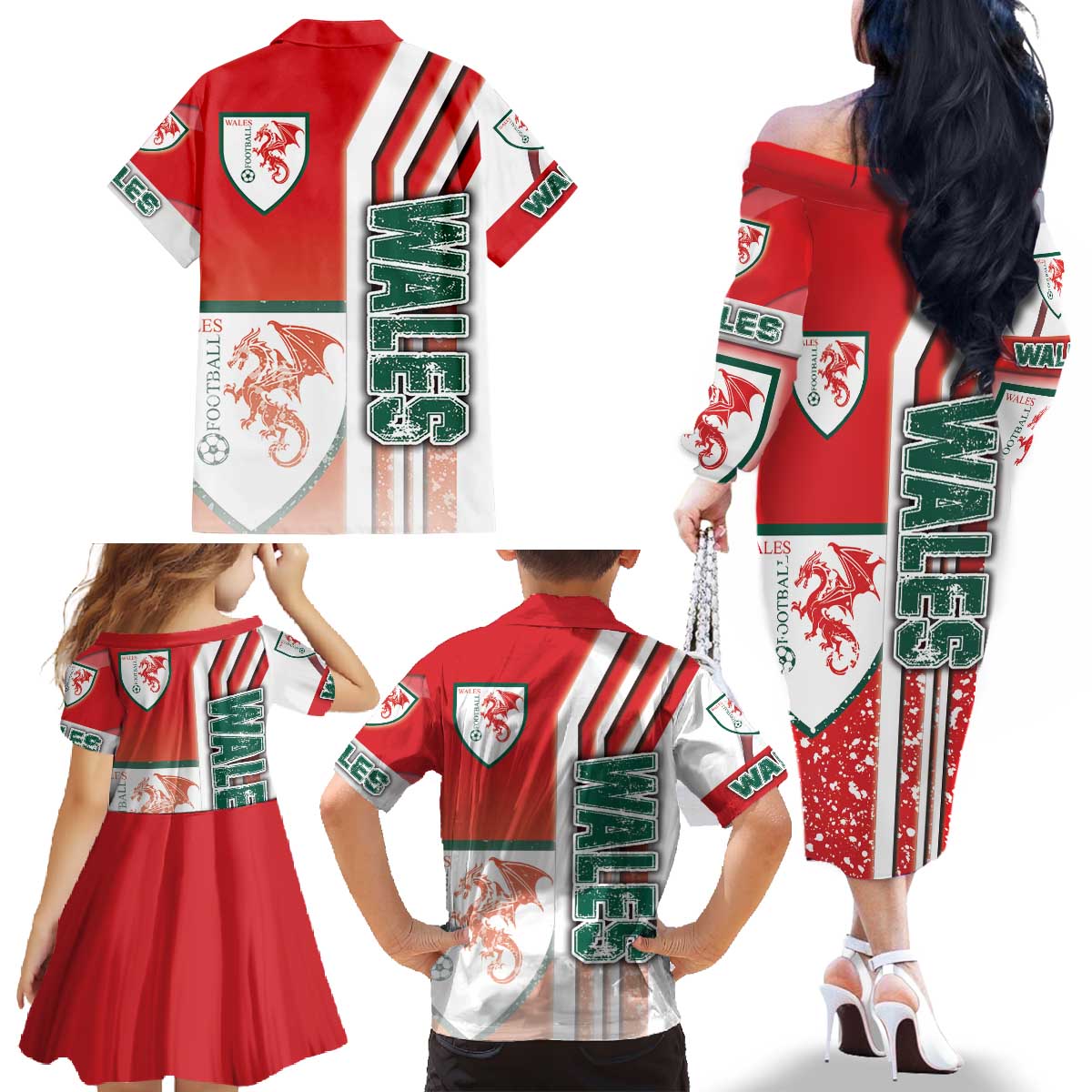 Wales Football Family Matching Off The Shoulder Long Sleeve Dress and Hawaiian Shirt The Dragons Soccer - Road To Champion