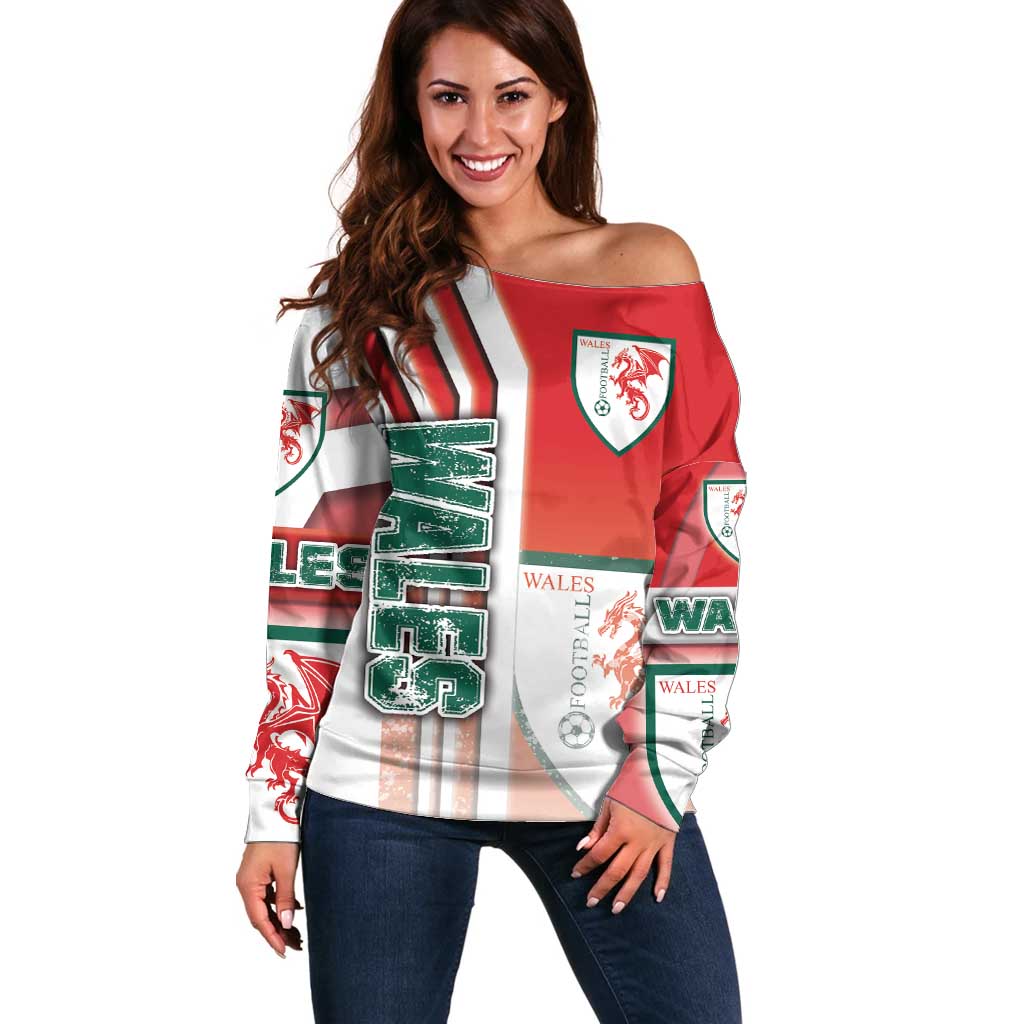 Wales Football Off Shoulder Sweater The Dragons Soccer - Road To Champion - Wonder Print Shop