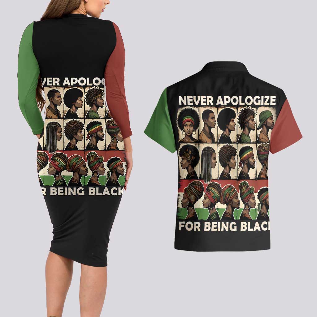 Never Apologize for Being Proudly Black Couples Matching Long Sleeve Bodycon Dress and Hawaiian Shirt African Human - Wonder Print Shop