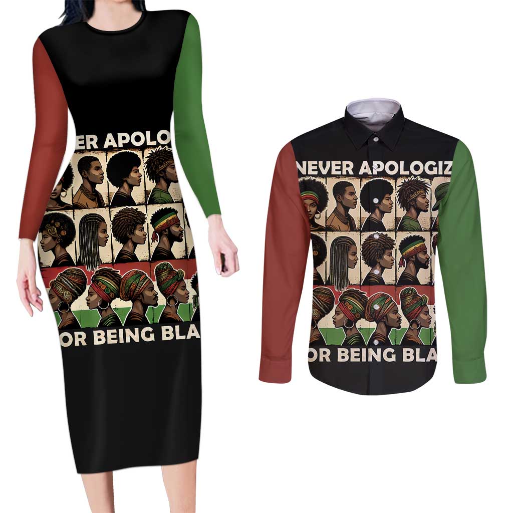 Never Apologize for Being Proudly Black Couples Matching Long Sleeve Bodycon Dress and Long Sleeve Button Shirt African Human - Wonder Print Shop