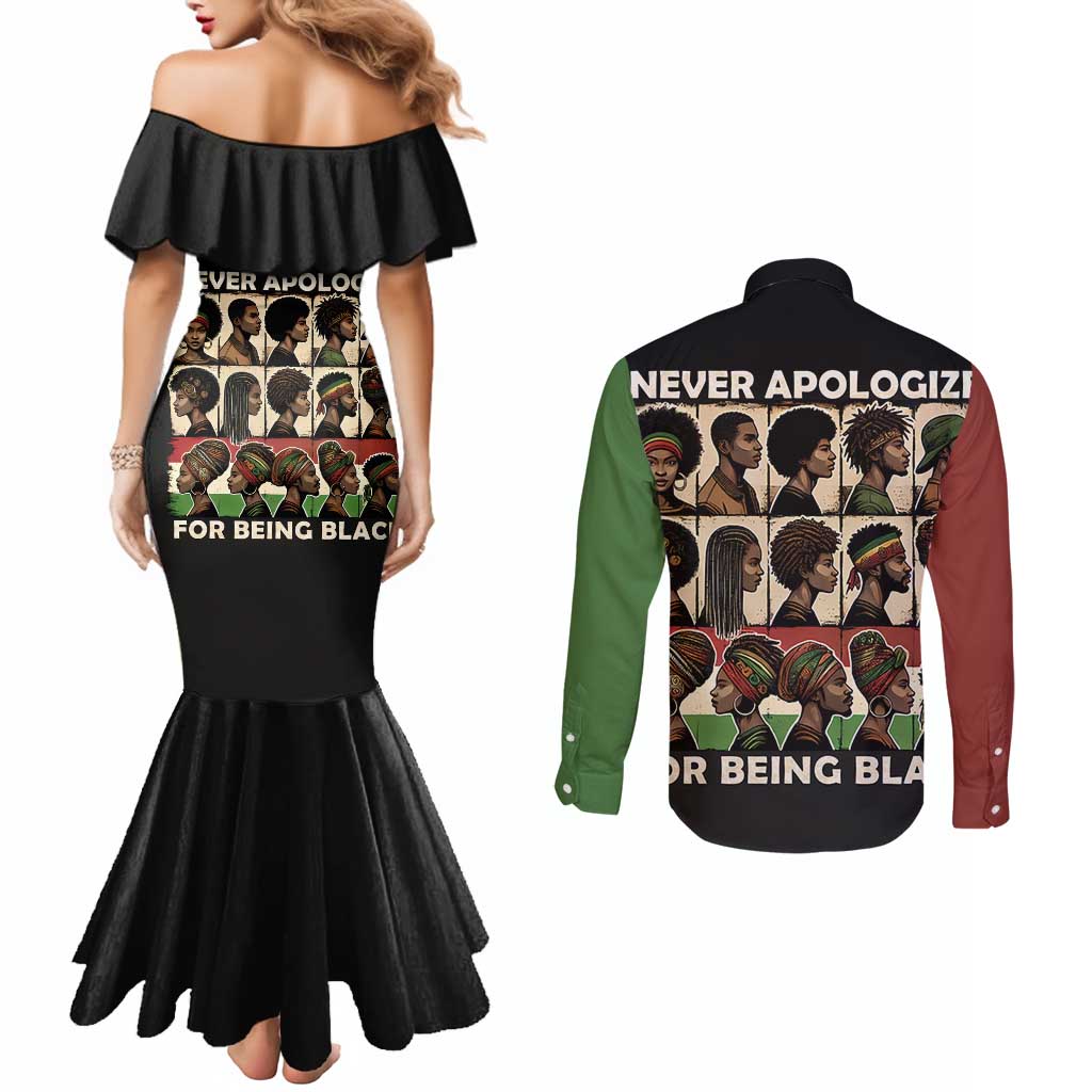 Never Apologize for Being Proudly Black Couples Matching Mermaid Dress and Long Sleeve Button Shirt African Human