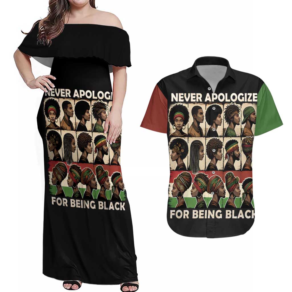 Never Apologize for Being Proudly Black Couples Matching Off Shoulder Maxi Dress and Hawaiian Shirt African Human - Wonder Print Shop