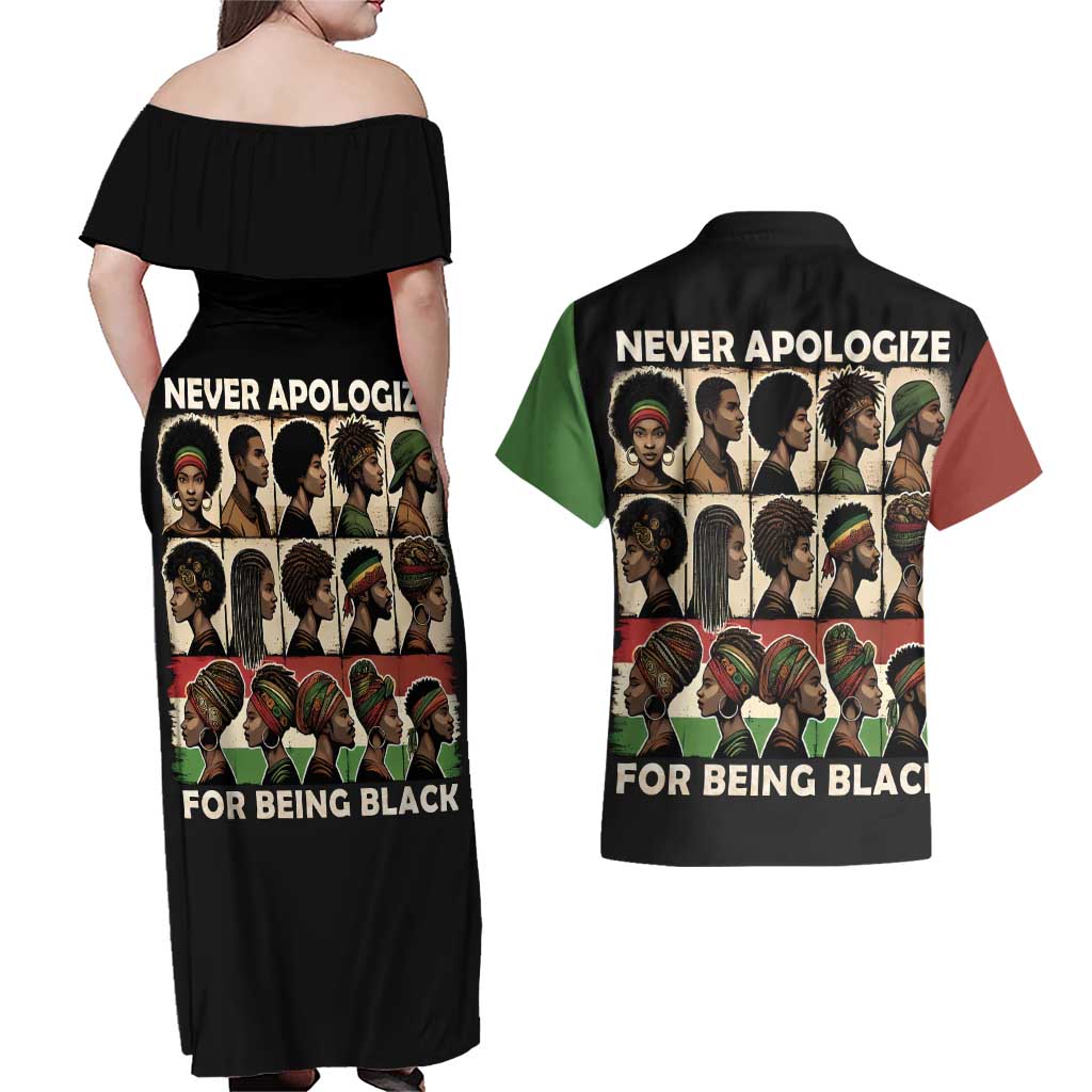 Never Apologize for Being Proudly Black Couples Matching Off Shoulder Maxi Dress and Hawaiian Shirt African Human - Wonder Print Shop