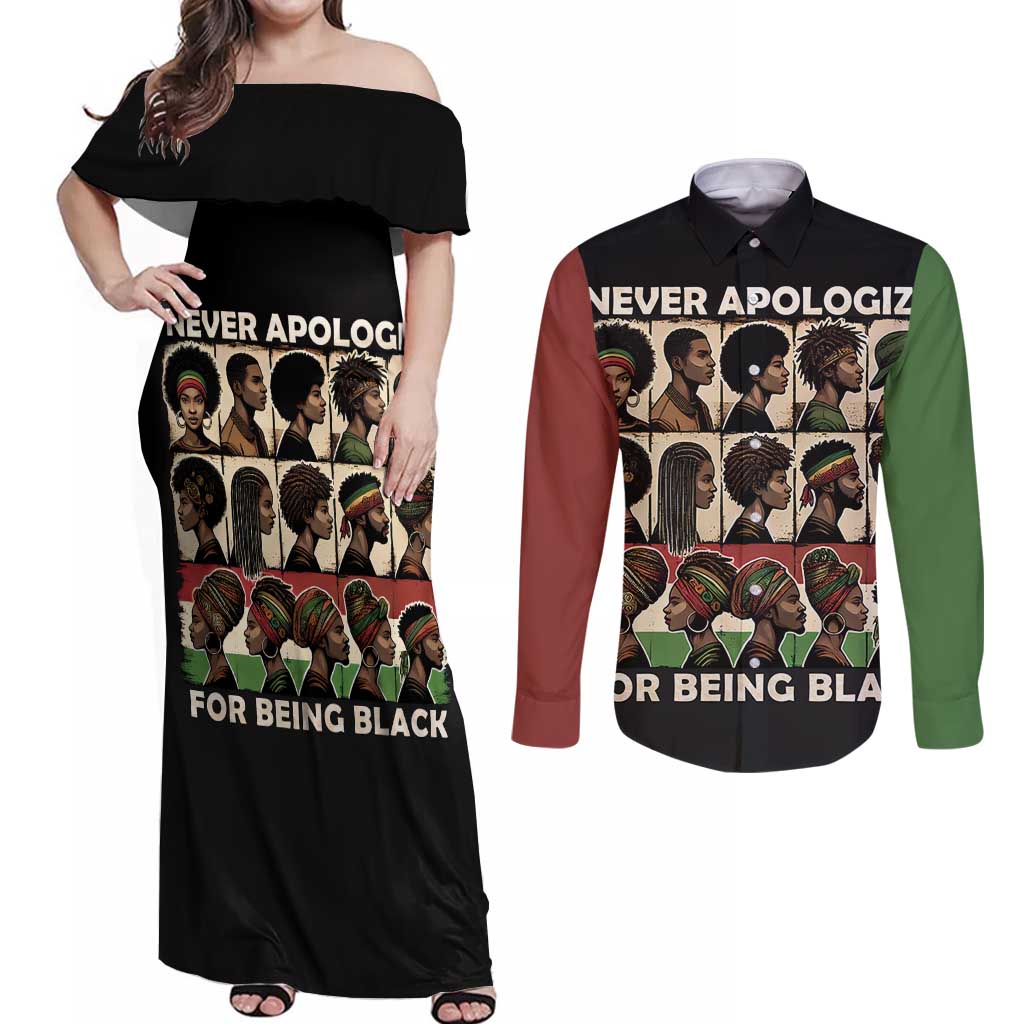 Never Apologize for Being Proudly Black Couples Matching Off Shoulder Maxi Dress and Long Sleeve Button Shirt African Human - Wonder Print Shop