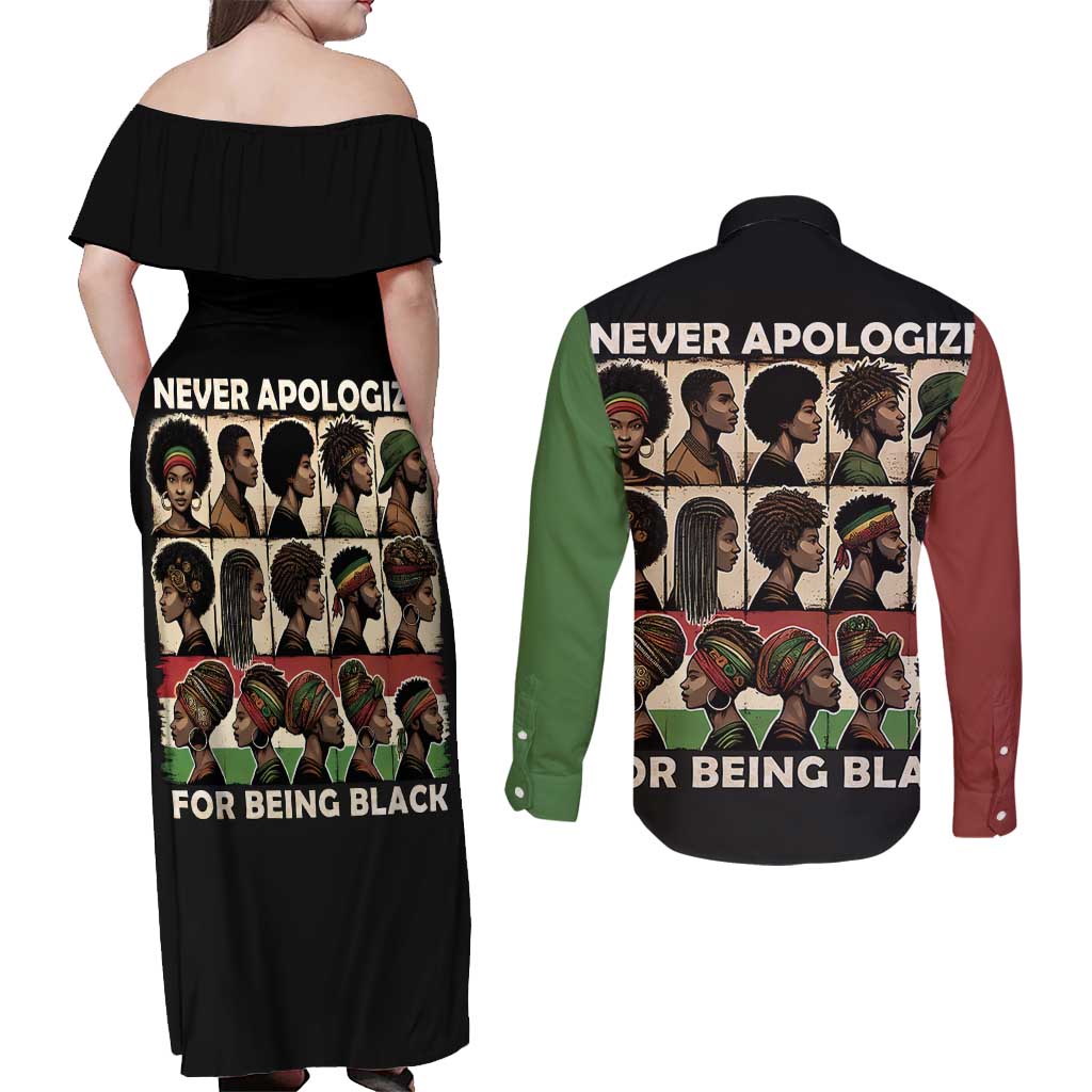 Never Apologize for Being Proudly Black Couples Matching Off Shoulder Maxi Dress and Long Sleeve Button Shirt African Human - Wonder Print Shop