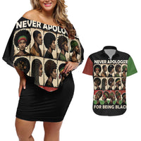 Never Apologize for Being Proudly Black Couples Matching Off Shoulder Short Dress and Hawaiian Shirt African Human - Wonder Print Shop