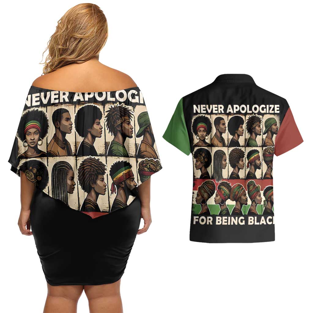 Never Apologize for Being Proudly Black Couples Matching Off Shoulder Short Dress and Hawaiian Shirt African Human - Wonder Print Shop