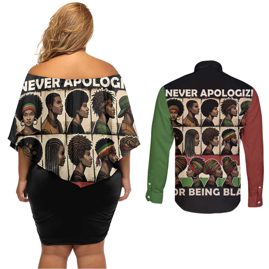 Never Apologize for Being Proudly Black Couples Matching Off Shoulder Short Dress and Long Sleeve Button Shirt African Human - Wonder Print Shop