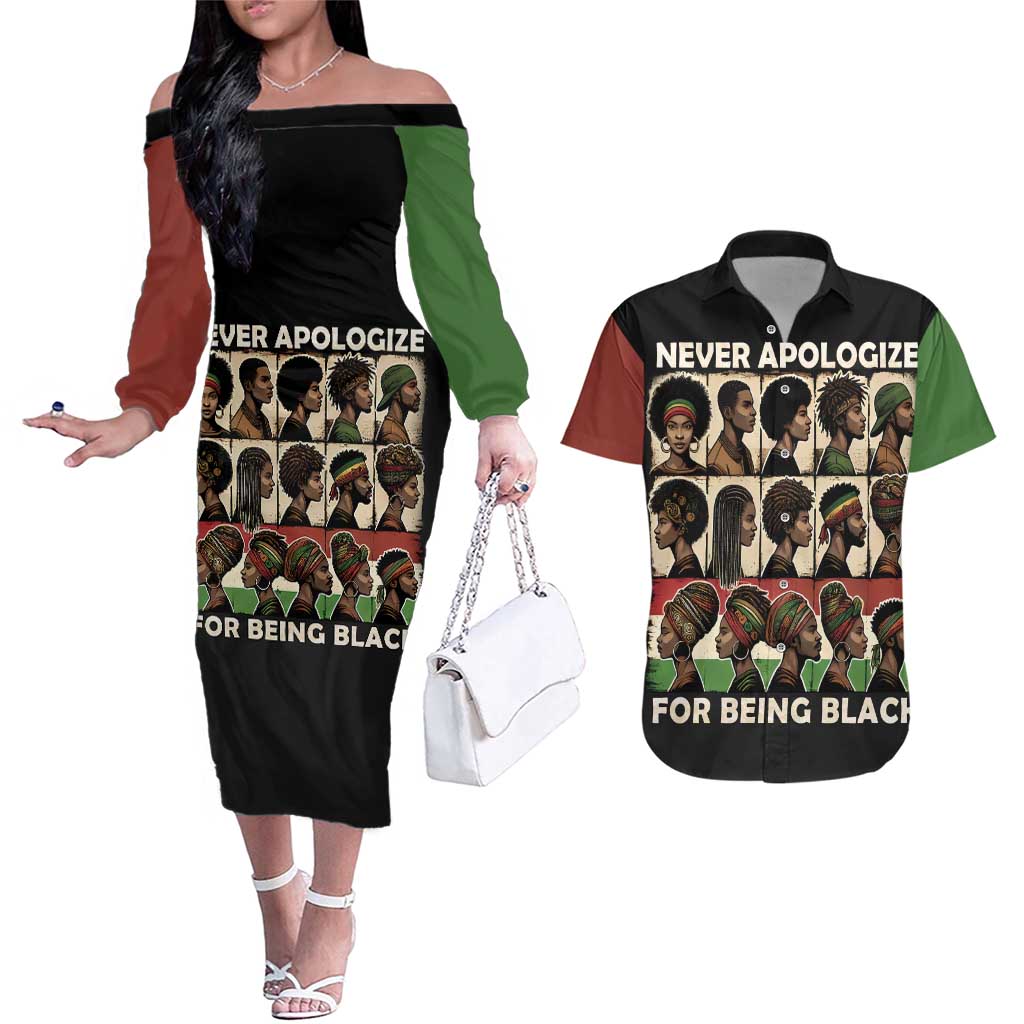 Never Apologize for Being Proudly Black Couples Matching Off The Shoulder Long Sleeve Dress and Hawaiian Shirt African Human - Wonder Print Shop