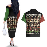Never Apologize for Being Proudly Black Couples Matching Off The Shoulder Long Sleeve Dress and Hawaiian Shirt African Human - Wonder Print Shop