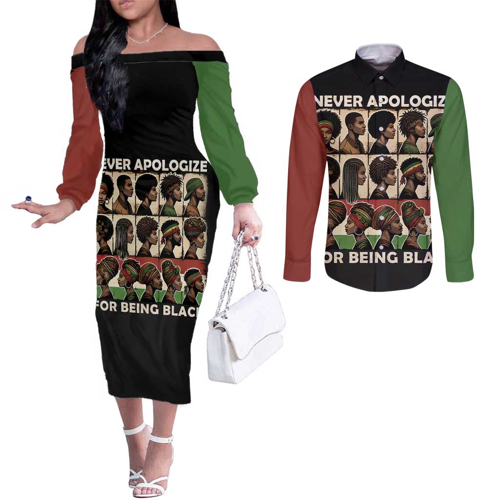 Never Apologize for Being Proudly Black Couples Matching Off The Shoulder Long Sleeve Dress and Long Sleeve Button Shirt African Human