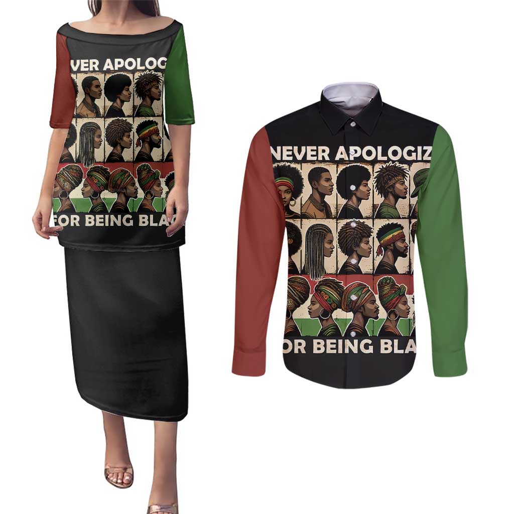 Never Apologize for Being Proudly Black Couples Matching Puletasi and Long Sleeve Button Shirt African Human - Wonder Print Shop