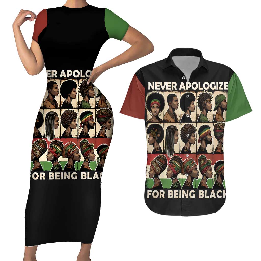 Never Apologize for Being Proudly Black Couples Matching Short Sleeve Bodycon Dress and Hawaiian Shirt African Human - Wonder Print Shop