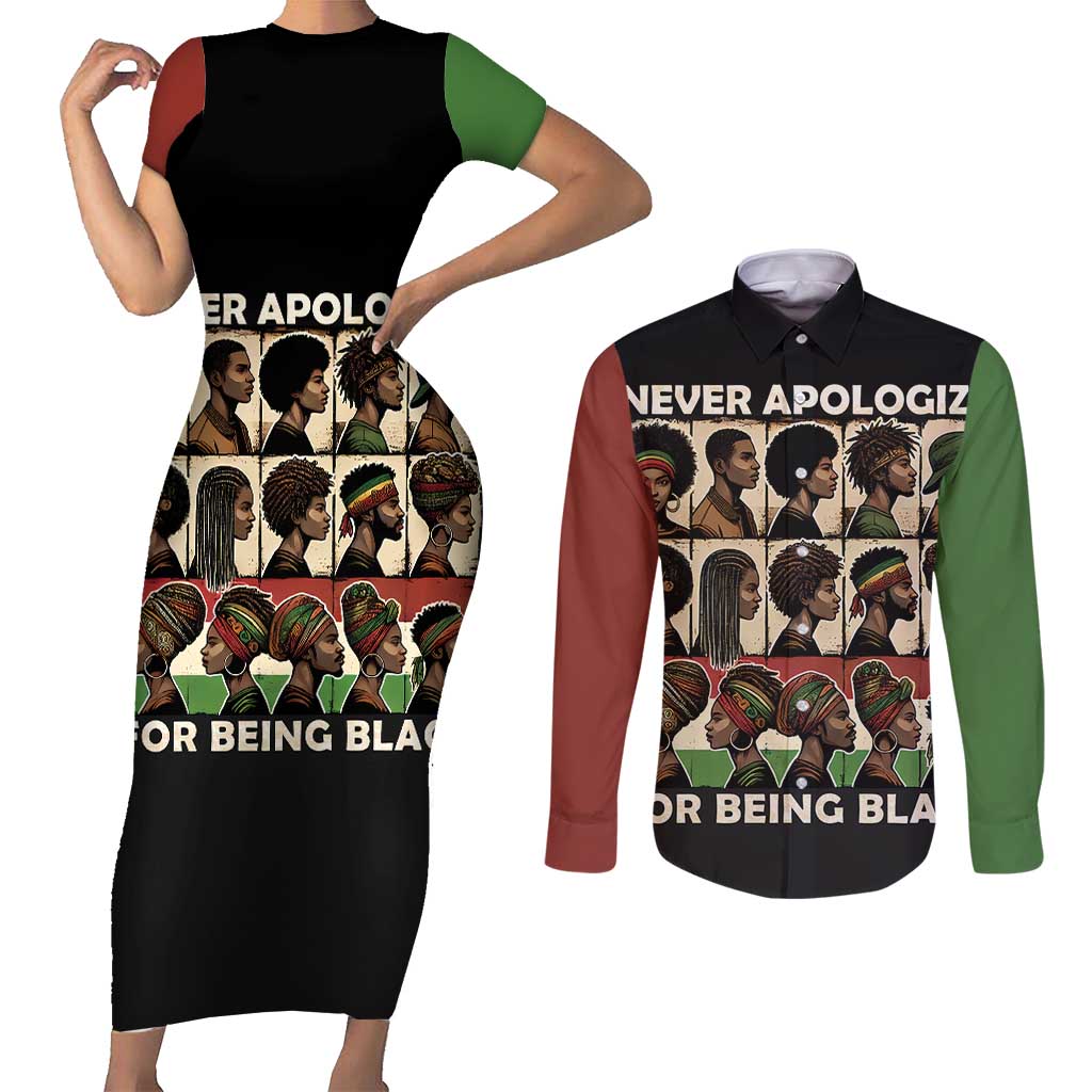 Never Apologize for Being Proudly Black Couples Matching Short Sleeve Bodycon Dress and Long Sleeve Button Shirt African Human - Wonder Print Shop