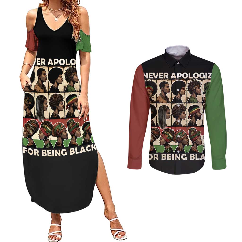 Never Apologize for Being Proudly Black Couples Matching Summer Maxi Dress and Long Sleeve Button Shirt African Human - Wonder Print Shop