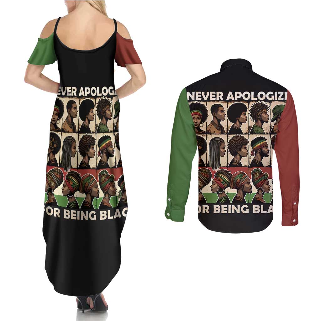 Never Apologize for Being Proudly Black Couples Matching Summer Maxi Dress and Long Sleeve Button Shirt African Human - Wonder Print Shop