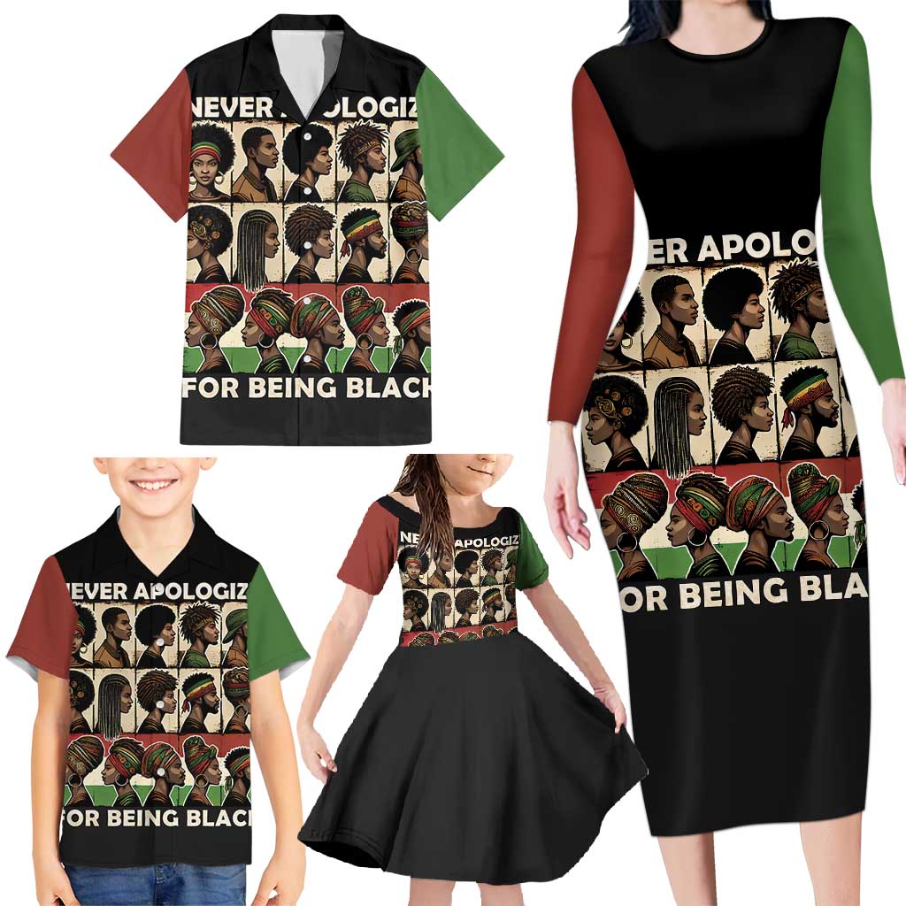 Never Apologize for Being Proudly Black Family Matching Long Sleeve Bodycon Dress and Hawaiian Shirt African Human - Wonder Print Shop