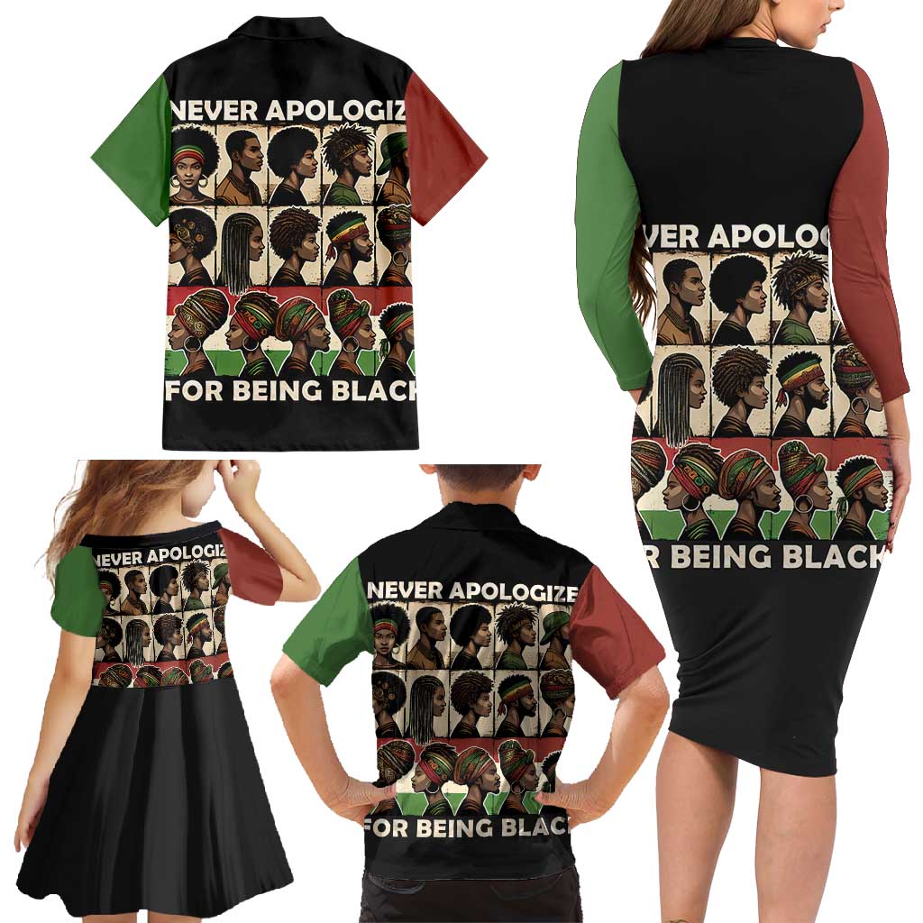 Never Apologize for Being Proudly Black Family Matching Long Sleeve Bodycon Dress and Hawaiian Shirt African Human - Wonder Print Shop