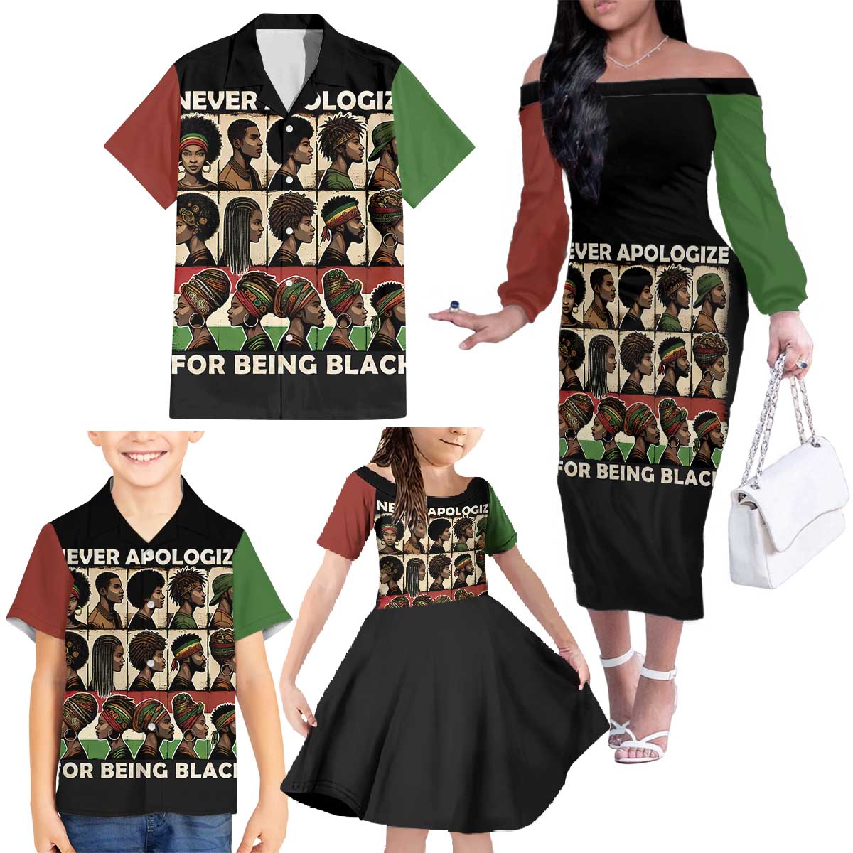 Never Apologize for Being Proudly Black Family Matching Off The Shoulder Long Sleeve Dress and Hawaiian Shirt African Human - Wonder Print Shop