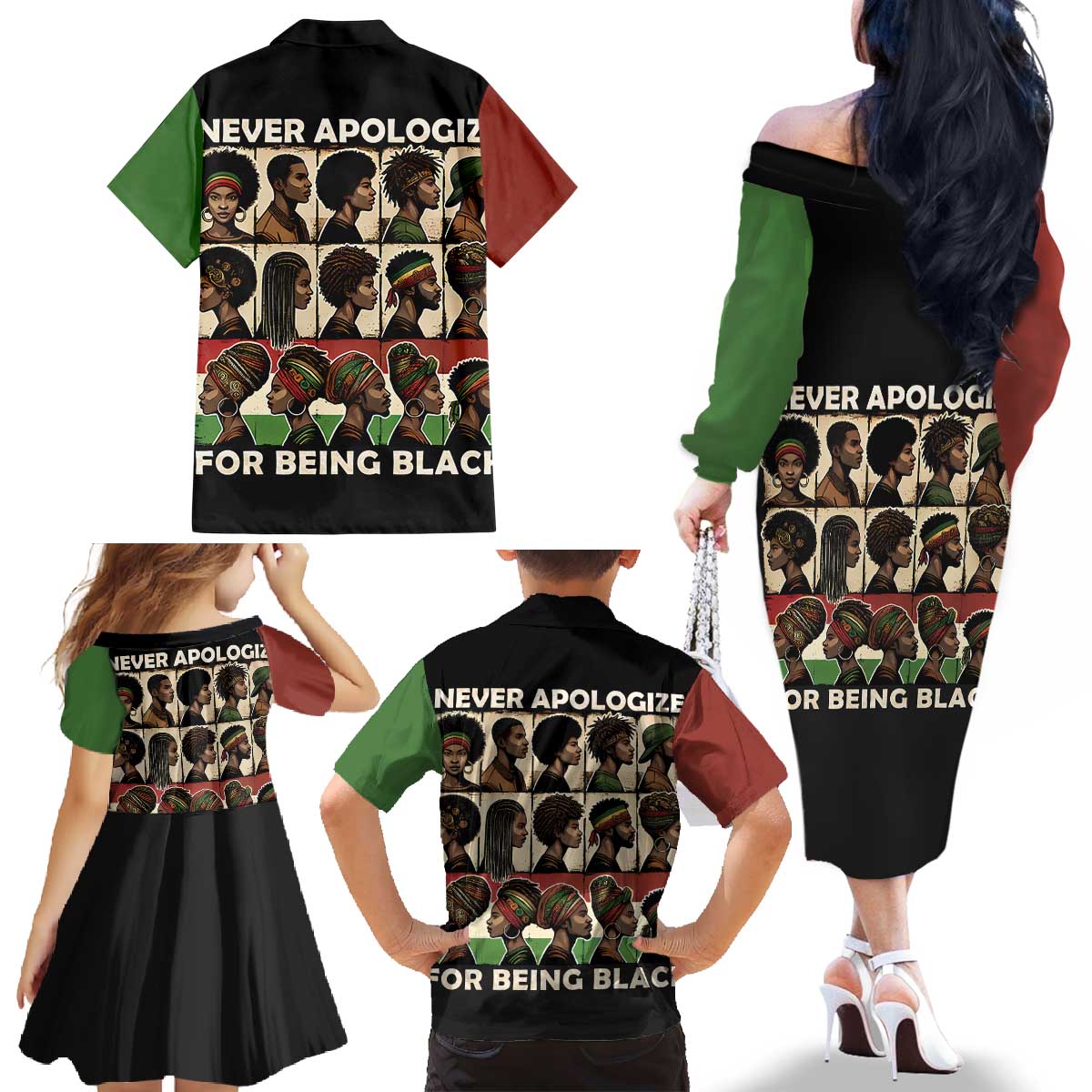 Never Apologize for Being Proudly Black Family Matching Off The Shoulder Long Sleeve Dress and Hawaiian Shirt African Human - Wonder Print Shop