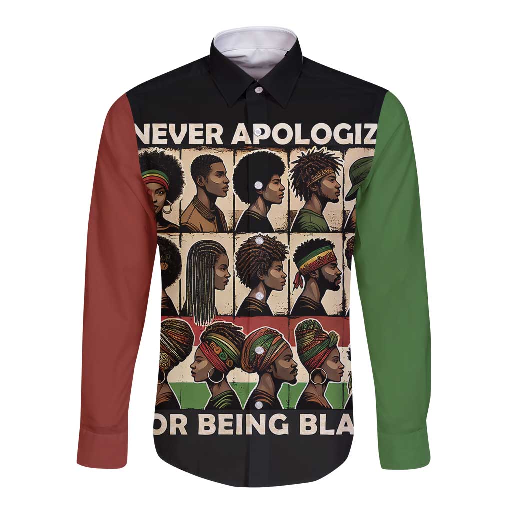 Never Apologize for Being Proudly Black Long Sleeve Button Shirt African Human - Wonder Print Shop