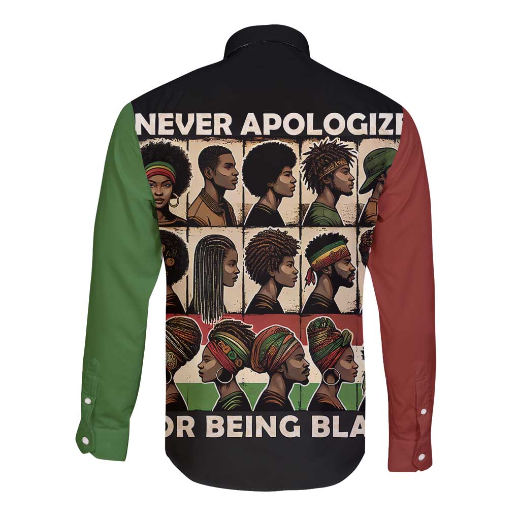 Never Apologize for Being Proudly Black Long Sleeve Button Shirt African Human - Wonder Print Shop