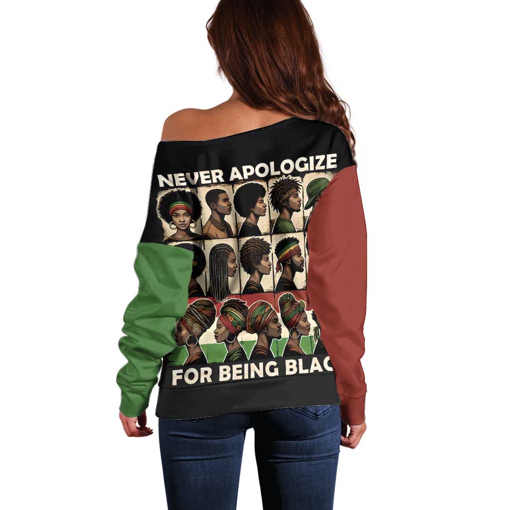 Never Apologize for Being Proudly Black Off Shoulder Sweater African Human - Wonder Print Shop