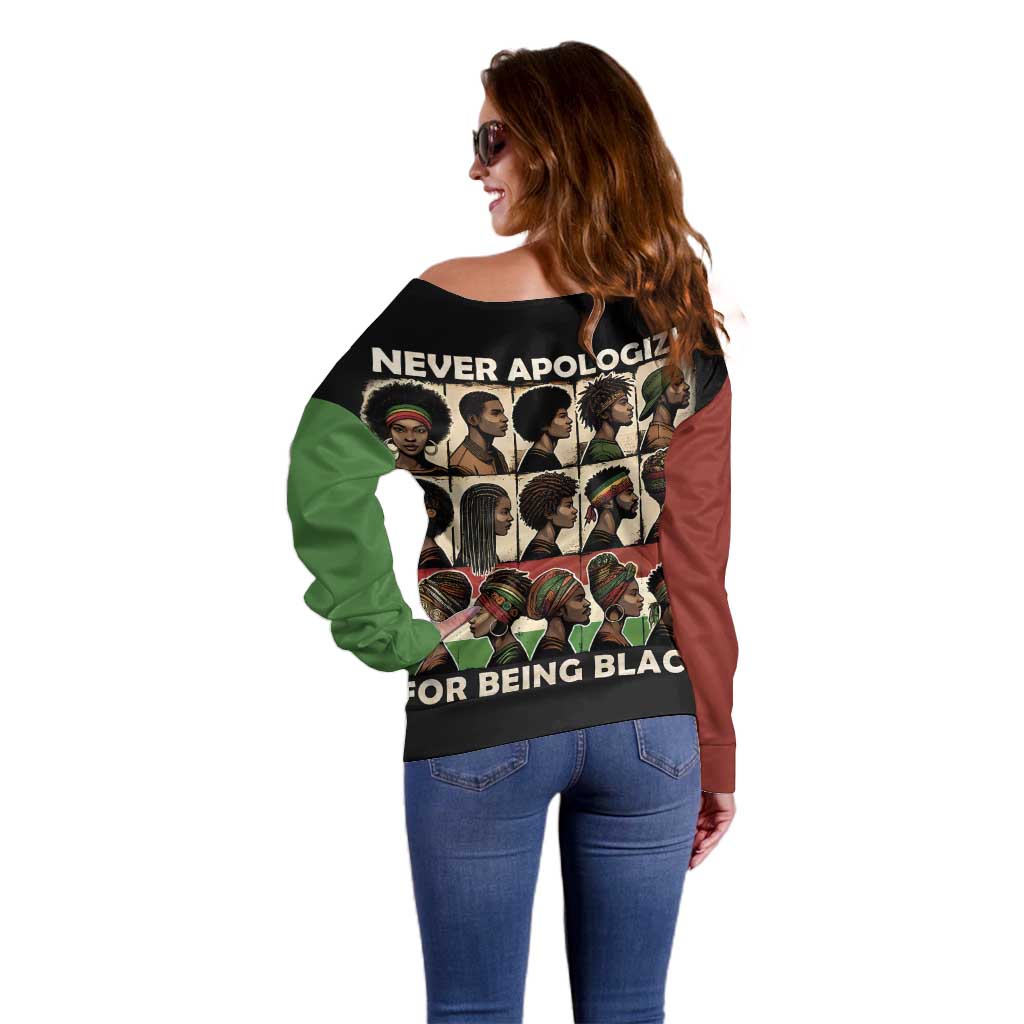 Never Apologize for Being Proudly Black Off Shoulder Sweater African Human - Wonder Print Shop