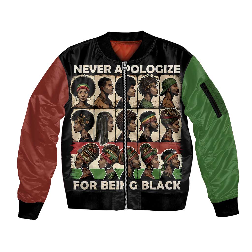 Never Apologize for Being Proudly Black Sleeve Zip Bomber Jacket African Human - Wonder Print Shop