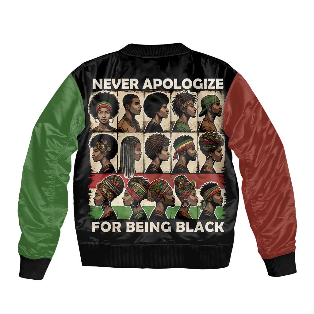 Never Apologize for Being Proudly Black Sleeve Zip Bomber Jacket African Human - Wonder Print Shop