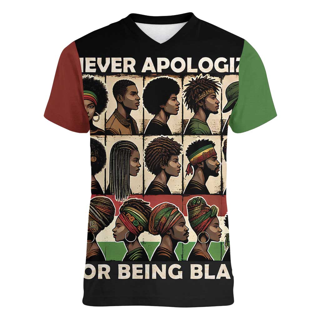 Never Apologize for Being Proudly Black Women V-Neck T-Shirt African Human - Wonder Print Shop
