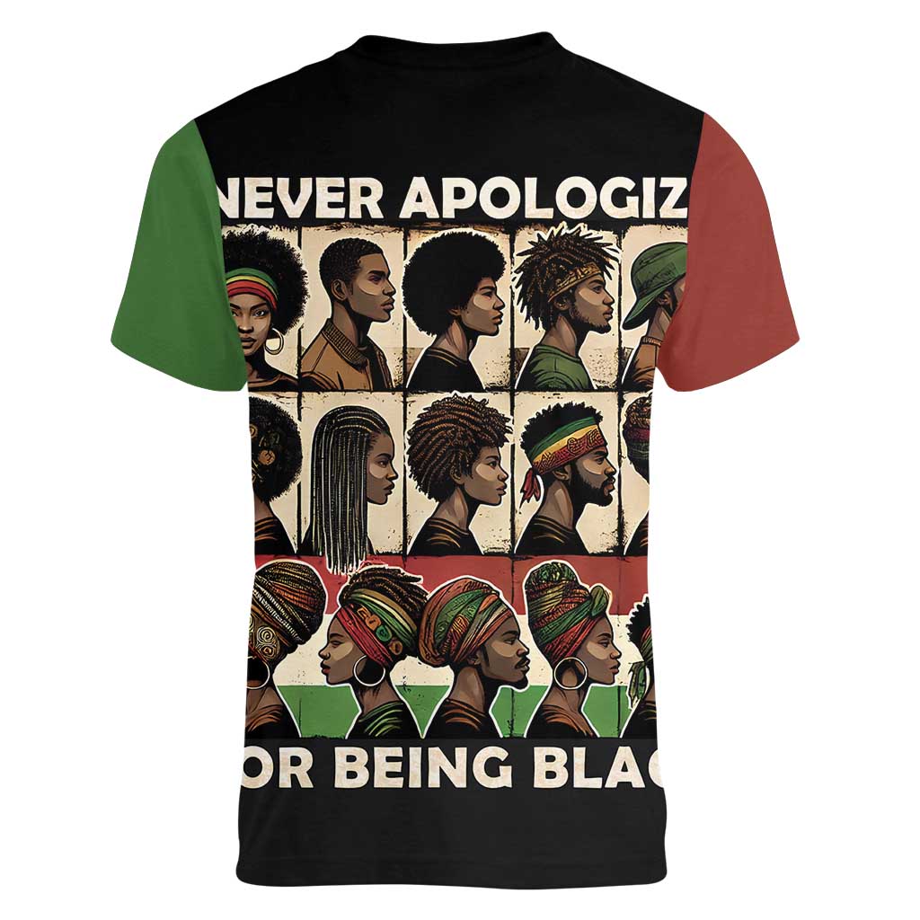 Never Apologize for Being Proudly Black Women V-Neck T-Shirt African Human - Wonder Print Shop