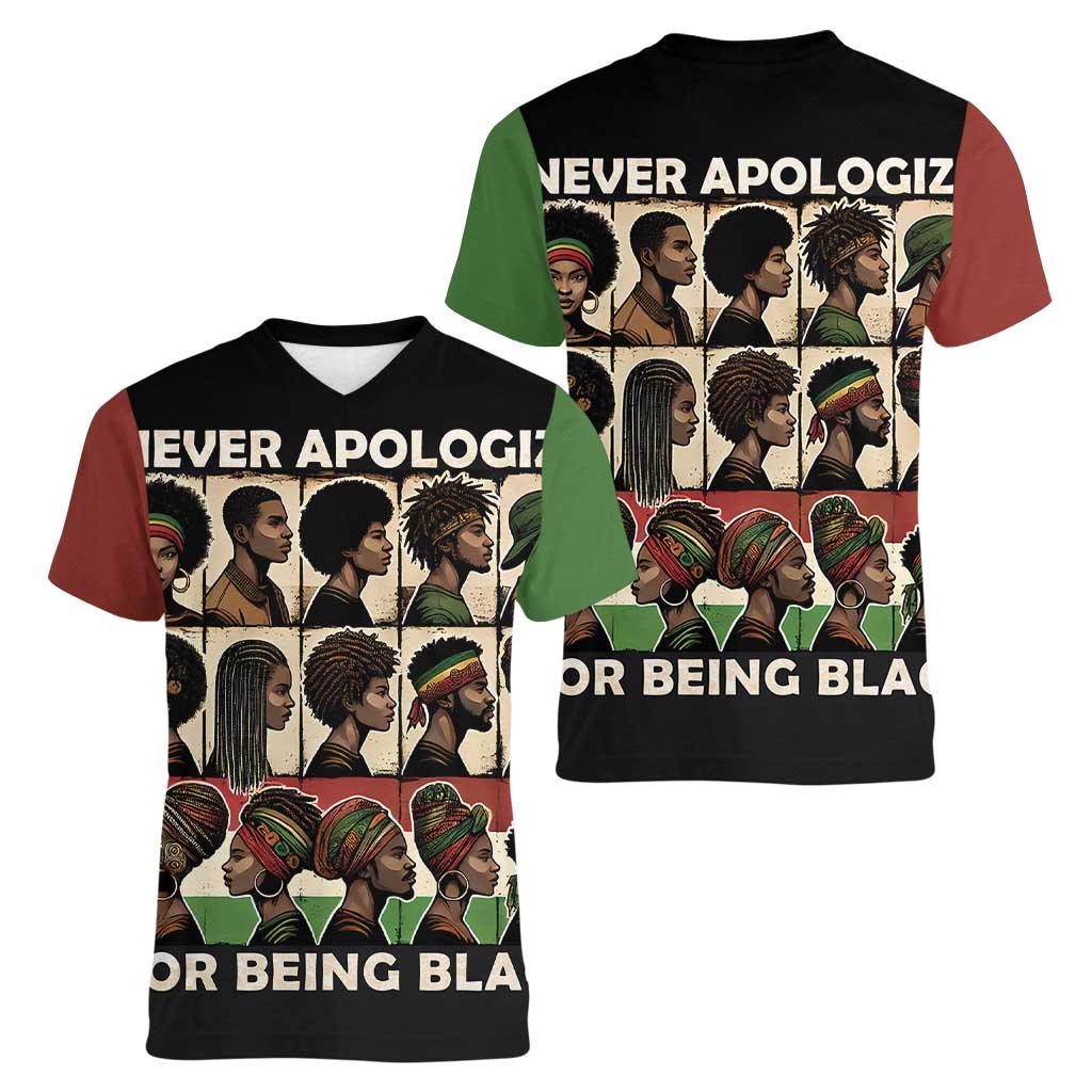 Never Apologize for Being Proudly Black Women V-Neck T-Shirt African Human - Wonder Print Shop