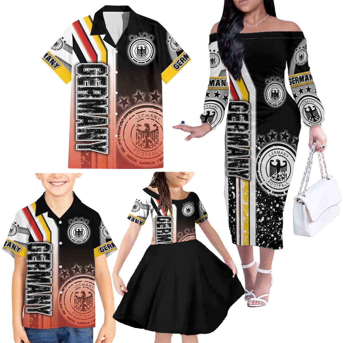 Germany Football Family Matching Off The Shoulder Long Sleeve Dress and Hawaiian Shirt Die Mannschaft Soccer - Road To Champion